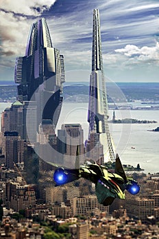 Futuristic Manhattan Architecture and vehicle