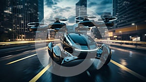 Futuristic manned roto passenger drone flying on street photo