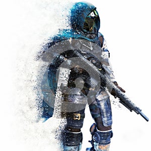 Futuristic Marine Soldier on a white background with splatter dispersion effect.