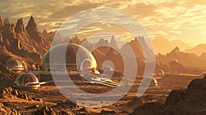 Futuristic Mars human colony, Martian orange landscape featuring an outpost