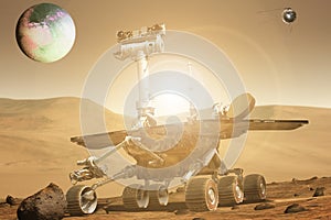 Futuristic mars rover exploring vasts of red planet b