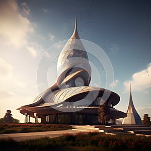 Futuristic marvel, 3d render of an architectural masterpiece against a blue sky with clouds