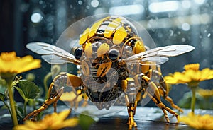 a futuristic mechanical cybernetic bee flying in a field among sunflowers