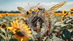 a futuristic mechanical cybernetic bee flying in a field among sunflowers