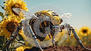 a futuristic mechanical cybernetic bee flying in a field among sunflowers