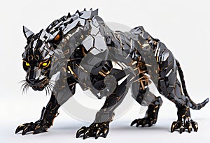 Futuristic, mechanical cybernetic panther isolated on a white background. Ideal for futuristic technology, robotics, cybernetics,