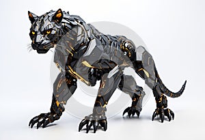 Futuristic, mechanical cybernetic panther isolated on a white background. Ideal for futuristic technology, robotics, cybernetics,