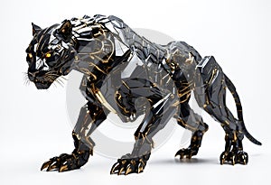 Futuristic, mechanical cybernetic panther isolated on a white background. Ideal for futuristic technology, robotics, cybernetics,