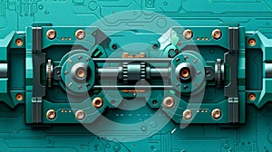 Futuristic Mechanical Device on Teal Circuit Board Background Sci Fi Technology Concept