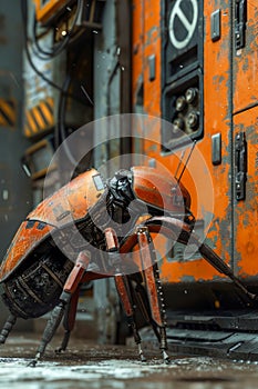 Futuristic Mechanical Insect Robot with Orange Armor in Industrial Environment