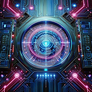 Futuristic mechanical interface with glowing blue and pink circuits on a black sci-fi background