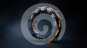 Futuristic mechanical ring glowing orange accents dramatic lighting dark background