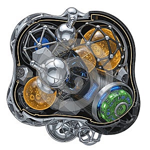 Futuristic mechanical structure featuring metallic and spherical components