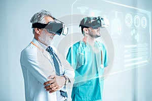 Futuristic Medical Diagnose Through Virtual Reality Glasses Simulator and Screen Interactive, Doctor Team Disease Diagnosis