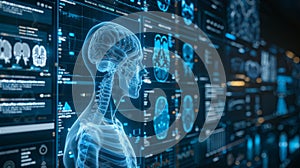 A futuristic medical interface displaying a digital human body and various data visualizations