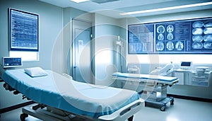 futuristic medical operation or emergency admission ER room with patient surgical diagnosis medical biometric info graphs