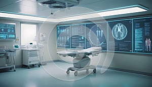 futuristic medical operation or emergency admission ER room with patient surgical diagnosis medical biometric info graphs