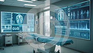 futuristic medical operation or emergency admission ER room with patient surgical diagnosis medical biometric info graphs