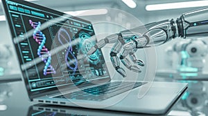 Futuristic medical robot hand touching a laptop, analyzing human DNA data on the screen