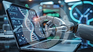 Futuristic medical robot hand touching a laptop, analyzing human DNA data on the screen