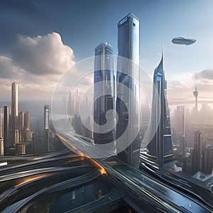Futuristic megacity, Sprawling metropolis of the future with towering skyscrapers and bustling streets filled with hovercars4 photo