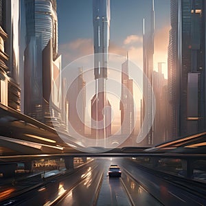 Futuristic megacity, Sprawling metropolis of the future with towering skyscrapers and bustling streets filled with hovercars2 photo