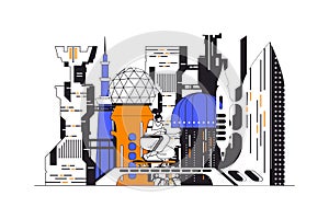 Futuristic megalopolis web concept in flat outline design