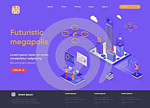 Futuristic megapolis isometric landing page design. Modern architecture and digital technologies isometry concept. Smart city,