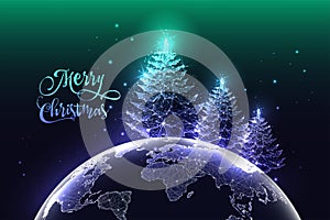Futuristic Merry Christmas world greeting card with spruce trees and planet Earth map from space