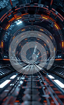 Futuristic metal Sci-Fi Corridor tunnel or ship interior with depth of field