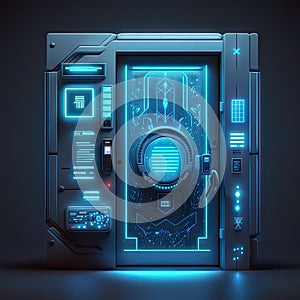 Futuristic metal secret door, scanner, portail, blue neon lights, future design concept. Cyberpank fantastic entrance