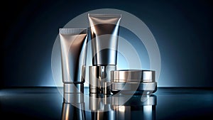 Futuristic Metallic Cosmetic Product Mockup with Elegant Packaging Design photo