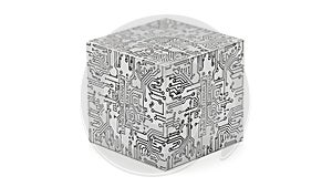 A futuristic metallic cube with abstract data engravings symbolizing the digital economy, Isolated on White background