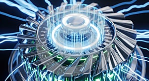 Futuristic metallic engine core with glowing blue energy and electric arcs, representing advanced technology