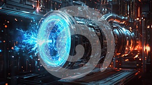 A futuristic metallic engine with glowing blue energy core