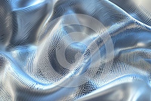 A futuristic metallic fabric texture background with reflective silver threads interwoven with neon