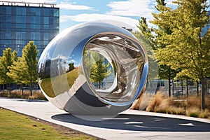 futuristic metallic sculpture in an urban surrounding