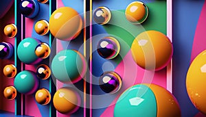 Futuristic metallic spheres, retro futuristic style, Holographic balls in interor, colorful abstract background, spheres