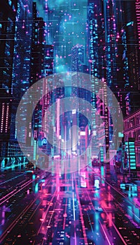 Futuristic metropolis with neon lights and digital code a cybernetic abstract landscape