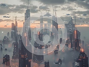 Futuristic Metropolis Skyline at Dramatic Sunset with Sleek Technological Infrastructure photo