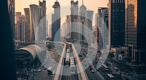 Futuristic Metropolis Skyline with Elevated Metro Train at Sunset