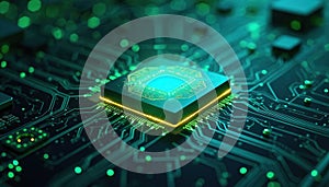 Futuristic microchip on circuit board. Next-generation computing tech for AI, data processing. Modern hardware electronic