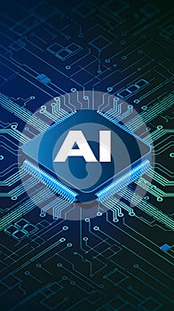 AI microchip in blue green circuits, symbolizing artificial intelligence advancements