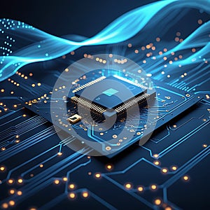 Futuristic Microchip With Glowing Blue Circuitry And Data Streams processor computer