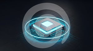 Futuristic Microchip Glowing Blue: Essential Technology for Advanced Data Processing and AI Systems.