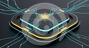 Futuristic microchip with glowing blue and yellow circuits and data streams processor