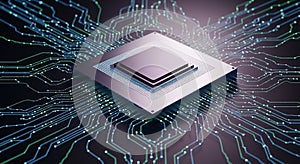 Futuristic microchip with glowing circuit board connections and data streams processor
