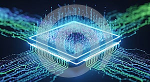 Futuristic Microchip with Glowing Circuitry and Data Streams, High-Tech Concept