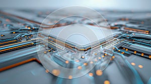 Futuristic microchip with glowing circuits and intricate pathways representing advanced computing technology and digital