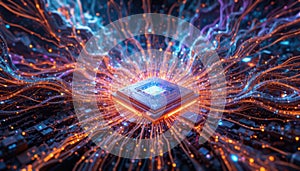 Futuristic Microchip with Glowing Data Flow